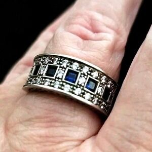 DQ Art Deco 925 Sterling Silver‎ Blue Sapphire CZ Stones Cutout Band Ring Size 7